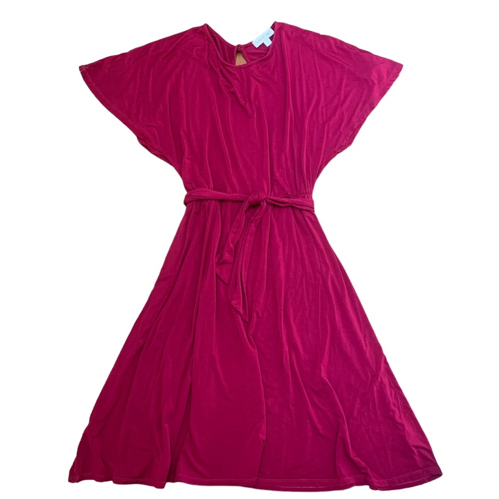 Amour Vert Magenta Modal Flowy Dress Butterfly Sleeves and Tie Waist